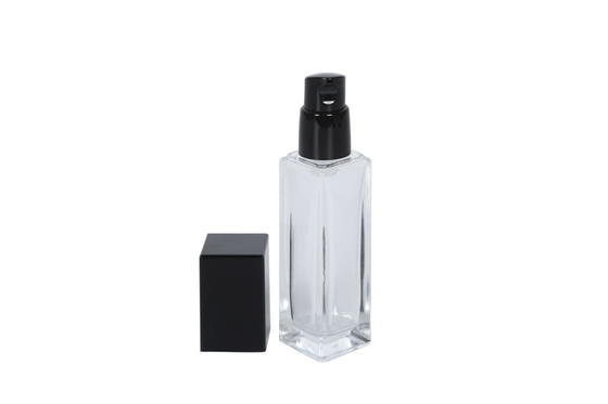 Empty Clear Square 30ml Foundation Sample Bottles Glass Emulsion With Black Pump Head