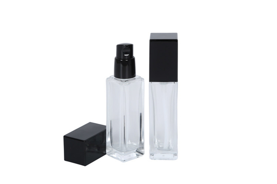 Empty Clear Square 30ml Foundation Sample Bottles Glass Emulsion With Black Pump Head